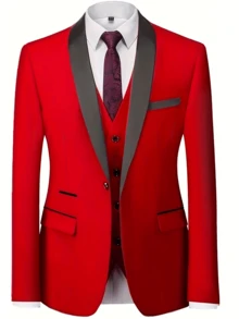 Caelus 三件套男士修身正装西装，高品质商务/社交/婚礼礼服套装，包含外套、裤子和马甲。 - 紅色 - 查看 3