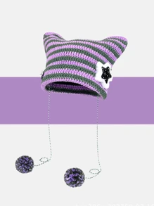 1 Peça Gorro Punk Gótico Y2K Fofo Preto e Branco com Listras e Orelhas de Gato, Gorro de Lã para Mulheres no Outono e Inverno, Gorro de Tricô e Crochê Diabo Pequeno Quente