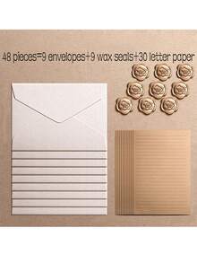 12/16/32/48pcs Vintage Linen Texture Envelope Letter Paper Set, Kraft Special Paper Invitation Cards & Postcards, Wax Seal Envelopes, Business Mailing Envelopes, Handwritten Greeting Letter Paper