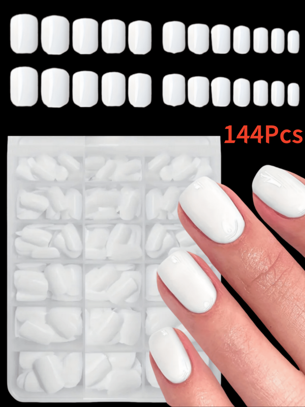 144 piezas de uñas postizas cuadradas cortas, puntas de uñas de gel suave de color blanco, usadas como uñas postizas para DIY, estilo simple y versátil en 15 tamaños adecuados para mujeres