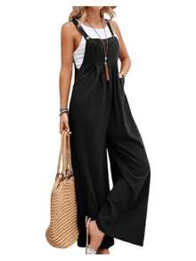 Mono de pierna ancha con cintura de lazo de unicolor para mujer - Negro - Ver 4