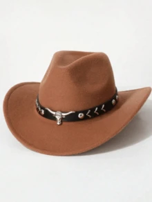 Chapéu de cowboy clássico unissex com detalhe prateado em formato de touro, ideal para uso casual, festas temáticas de cowboy e eventos em bares com temática country. - Chapéu de couro preto Arrow - Ver 10