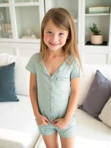 2pcs Tween Girl Mint Pajama Sets With Short Sleeve Shirt & Shorts - Multicolor - View 3