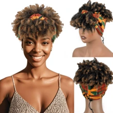 MECRY Kinky Curly Headband Wigs For Women - Short Afro Curly Wig With Headband - Natural Black Green Headband Wig For - Afro Short Curly Synthetic Wig With Bangs, Kinky Curly 2 In 1 Head Wrap With Headband Attached, Turban Style - Multicolor - View 3