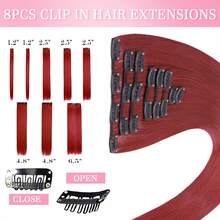 8Pieces/Set Clip In Hair Extensions Long Straight 26inch/66cm Thick Synthetic Hair Piece Silk Fiber Double Weft Heat Resistant Natural 8Pcs Hairpieces Highlight Mix Pure Colors For Women Daily Party Festival Halloween Christmas - 紫色藍色 - 查看 4
