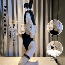 Sexy Lingerie Sexy Lace Bunny Girl Tights Cosplay Uniform Temptation Passion Open Crotch Pure Desire Suit - 黑色+同款襪 - 查看 2