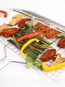Large Capacity Stainless Steel Barbecue Tongs, Portable Outdoor Stainless Steel Barbecue Tongs With Wooden Handle, Flip Rotatable Barbecue Rack, Rectangular Mesh Design, Ideal For Grilling Fish, Wings, Legs, Steak, Shrimp And Vegetables