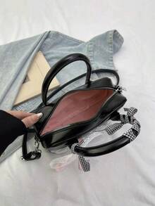 女士优雅蝴蝶结装饰手提包，蕾丝装饰日系甜美保龄球包，时尚纯色单肩包，休闲百搭优质日常通勤包。 - 黑色 - 查看 3