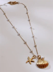 1 pièce Style bohème Collier polyvalent à la mode avec pendentif étoile de mer, coquillage, éléments océaniques et fausses perles. Convient comme cadeau de bijoux pour les femmes à porter de manière décontractée, pour les fêtes, les voyages, les vacances à la plage