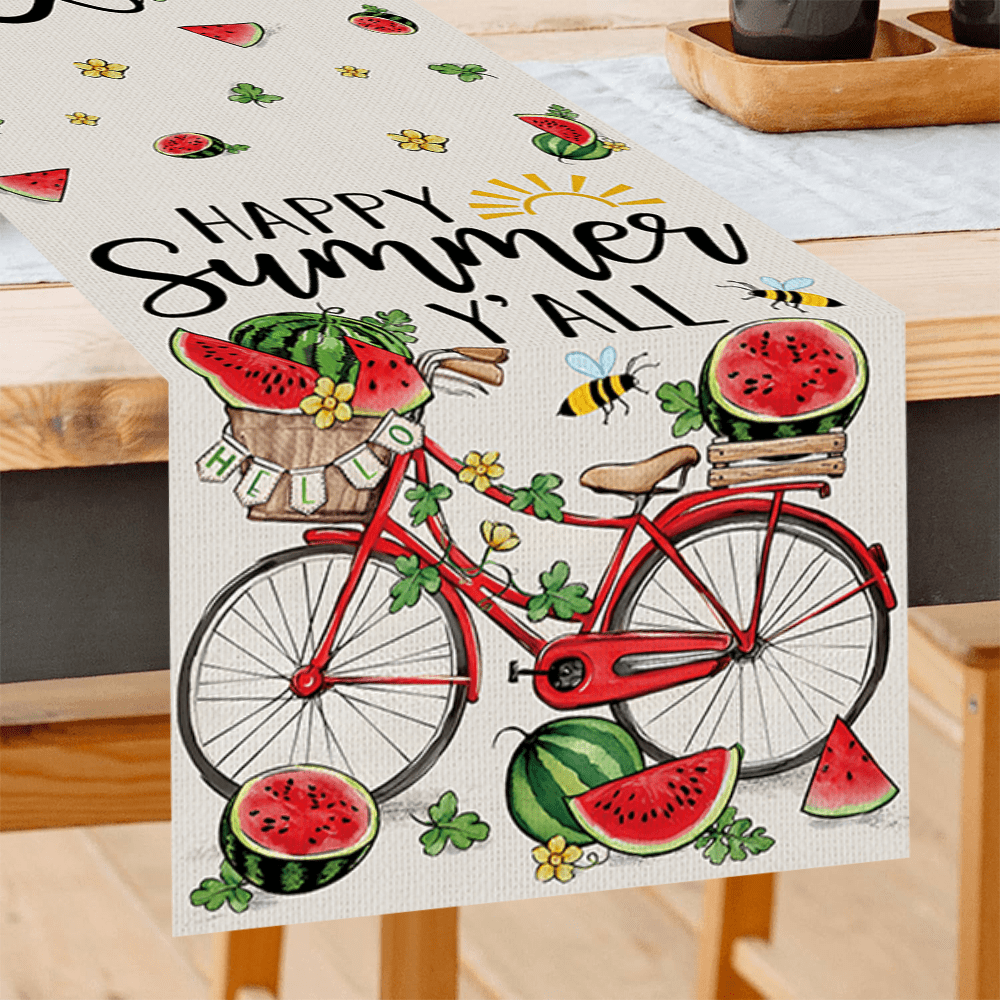 1pc Happy Summer Y'all Watermelon & Bicycle Decor Table Runner, 180cm*35cm Polyester Fabric, Summer Decoration | Home Decor | Seasonal Kitchen Dining Party Banquet Table Decoration | Celebrate Festival Party Atmosphere Decor