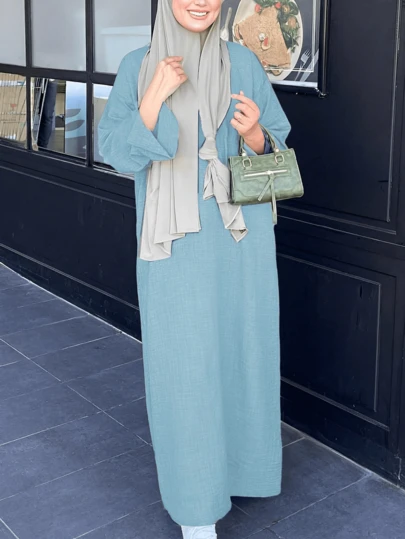 Solid Color Elegant Round Neck Long Sleeve Maxi Casual Fitted Dress For Women, Daily Wear