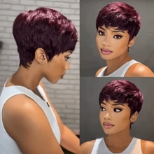 Short Grey Wig For Black Ladies Grey Pixie Wig For Black Ladies Grey Pixie Cut Short Wave Layering Wig Grey Wave Wig Short Wig (Grey) - 酒紅色 - 查看 2