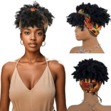 MECRY Kinky Curly Headband Wigs For Women - Short Afro Curly Wig With Headband - Natural Black Green Headband Wig For - Afro Short Curly Synthetic Wig With Bangs, Kinky Curly 2 In 1 Head Wrap With Headband Attached, Turban Style - Multicolor - View 4