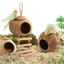 1pc 4-6 Inch Coconut Shell Bird Nest, Tiger Striped Parrot Warm Breeding Shelter, Hanging With Rope, Suitable For Small Birds, Hamsters, Reptiles, Amphibious Pets, Durable Habitat