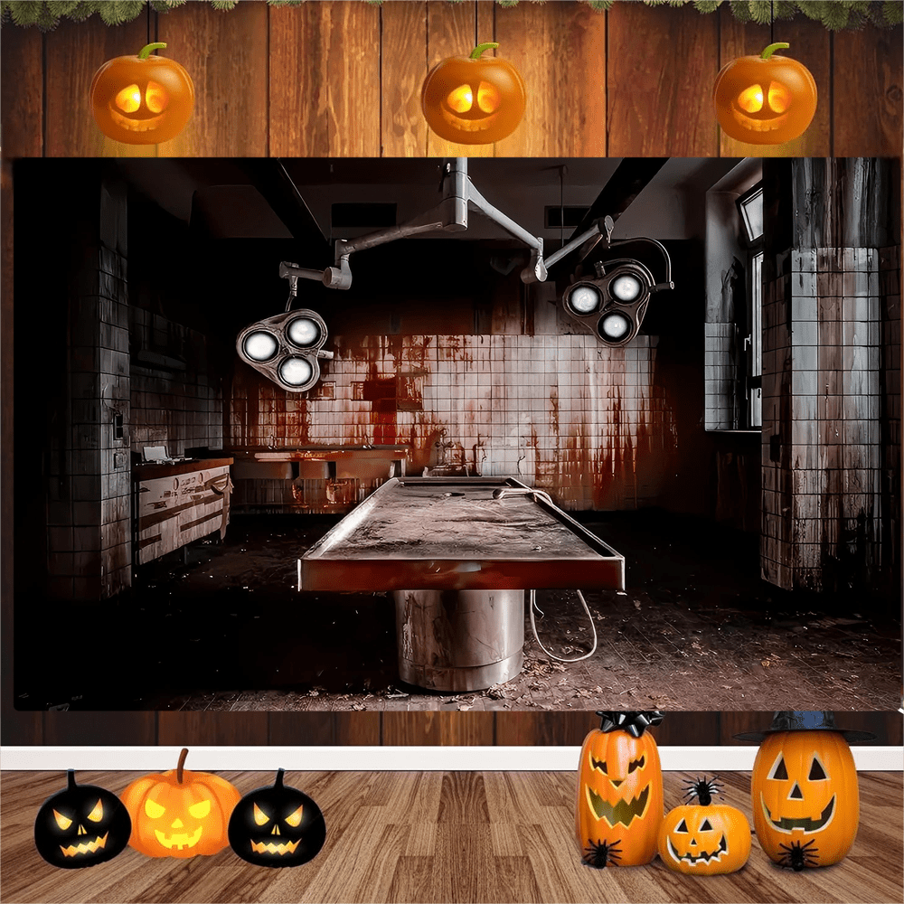 1 pièce Toile de fond en tissu représentant une salle d'opération d'hôpital d'horreur, bannière de salle médicale abandonnée et tachée de sang, en matériau polyester, convient pour un thème de scène de crime, décoration de fête d'Halloween, décoration de jardin, décoration murale