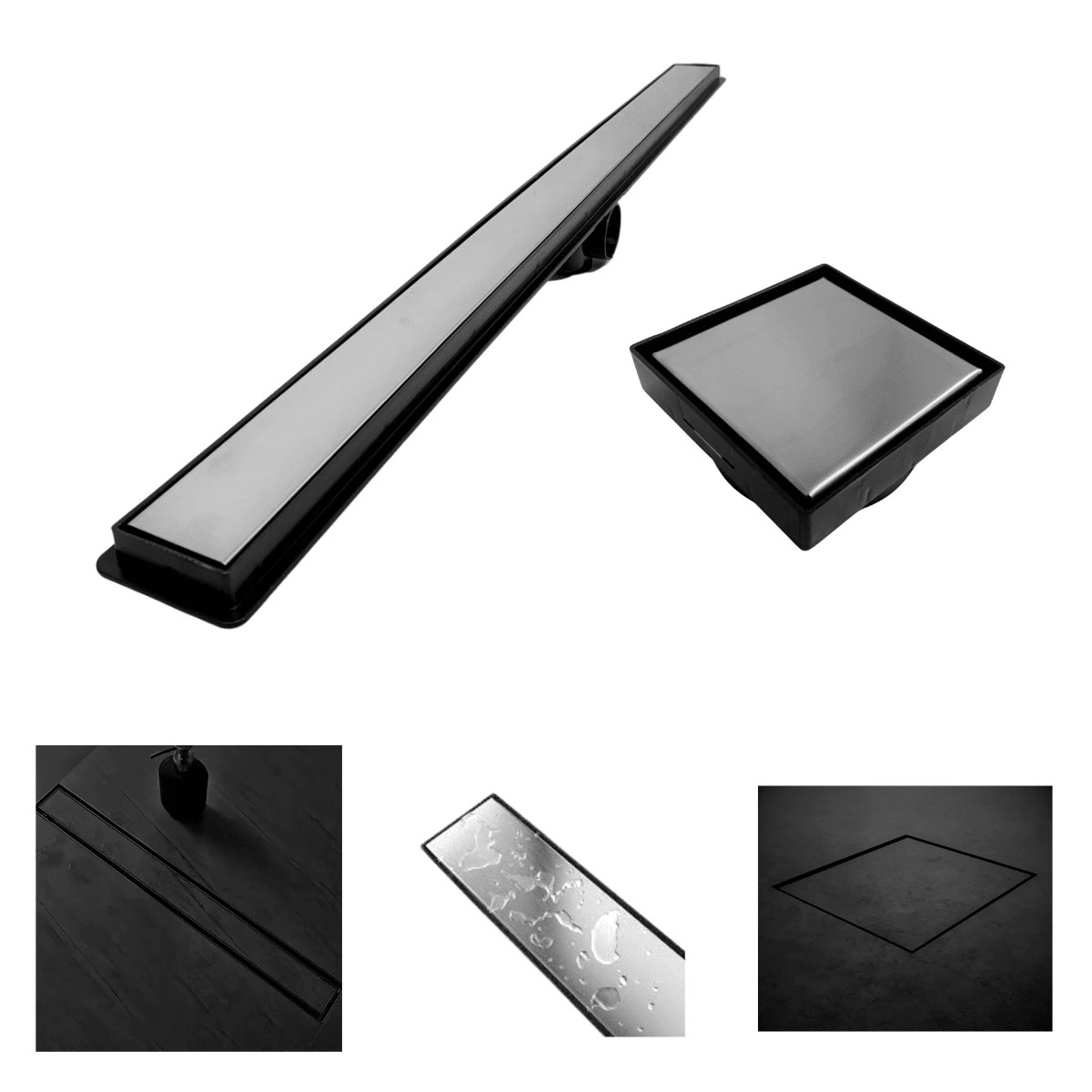 Linear Seca Box Kit 5x50 + 10x10 Stainless Steel Drain 2 In 1 Invisible Hidden Black Base Bathroom