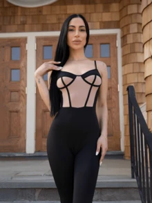 Carolina Barros Two Tone Contrast Mesh Bustier Cami Unitard Jumpsuit Party Outfit - Black - View 1