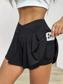 Plus Size Women's Casual Solid Color Knit Fabric Shorts, Asymmetric Design, Short Length, Comfortable Fit