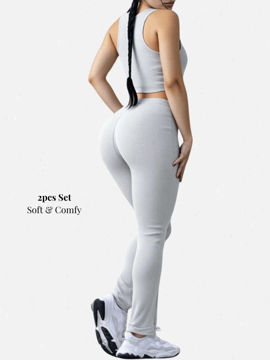 Conjunto de 2 piezas de top  y pantalones de mujer en unicolor, conjunto de ropa casual - Gris Claro - Ver 1