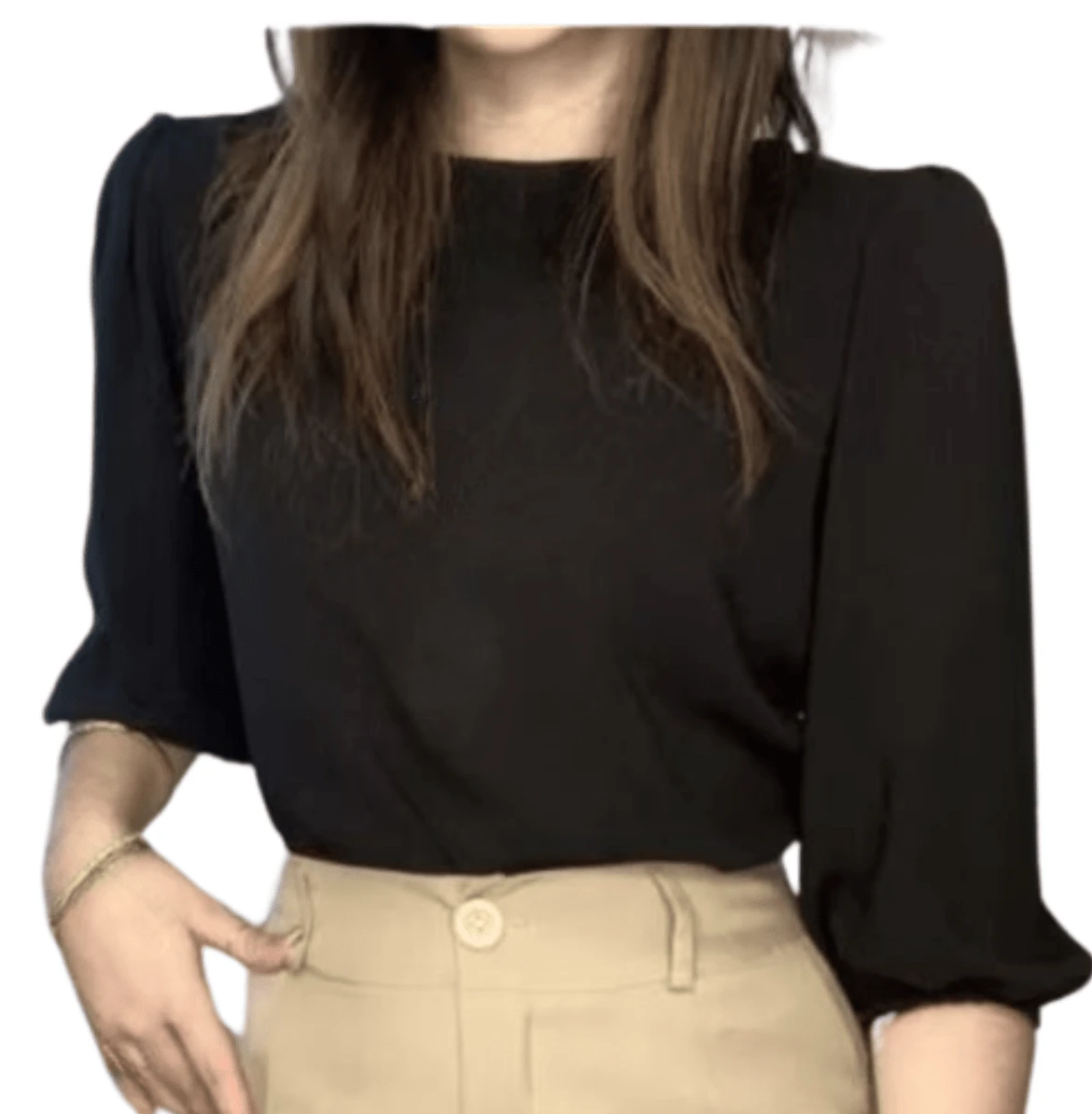Women's 3/4 Princess Sleeve Blouse, Simple, Knitted Polyester - Black - View 1