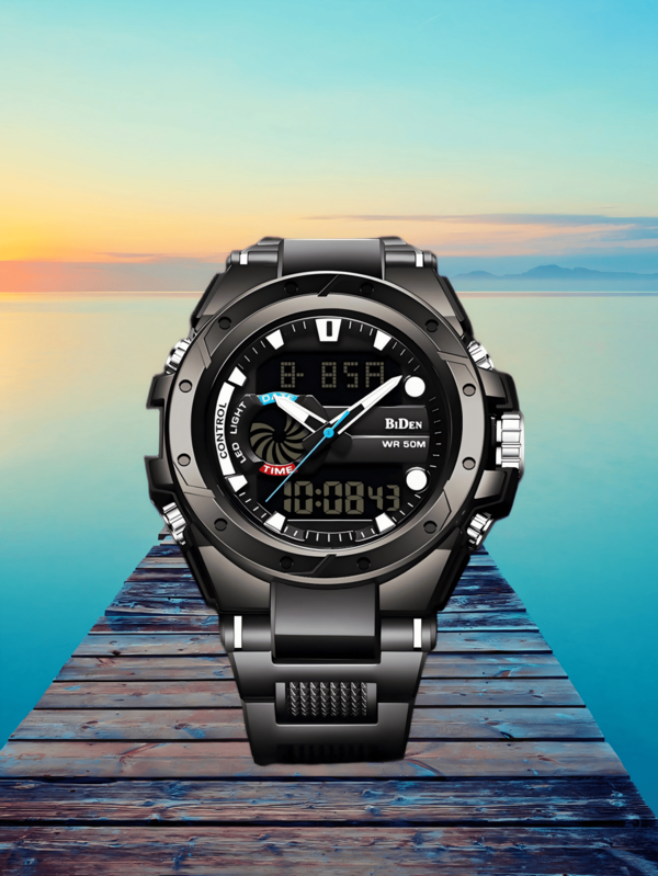 BIDEN BIDEN Men's Dual Display Outdoor Sports Watch, Black TPU Strap, Chronograph, Alarm, Multi-Function Student Watch, Suitable For Daily Wear, Back To School Season, Graduation Season, Best Gift
