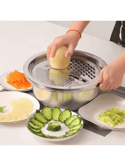 Bộ dụng cụ nhà bếp 3 món bằng thép không gỉ: Bao gồm dụng cụ bào tích hợp, rây đa năng và bát có hệ thống thoát nước để rửa, thái trái cây, rau củ và phô mai.
