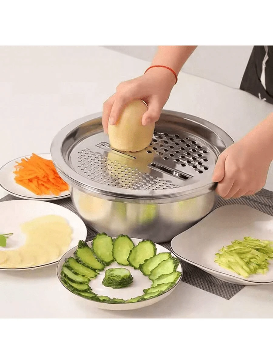 3 Piezas Juego de Preparación de Cocina de Acero Inoxidable: Rallador Integrado, Colador Multifunción y Tazón con Sistema de Drenaje para Lavar, Rebanar Frutas, Verduras y Queso