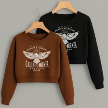 Kit Cropped Moletom (2 peças) Estampa California Asas Blusa de Frio Curtinha Conjunto Agasalho Look Inverno