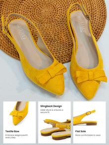Women's Yellow Cashmere Pointed Toe Ballet Flats,French Elegant Comfortable Slip On Business Shoes,Bow Decor,Half-Covered Toe,Work Casual Chic Loafers ,Non-Slip Soft Sole Everyday Walking Shoes,Closed Toe Hollow Out Sandals - Yellow - View 6
