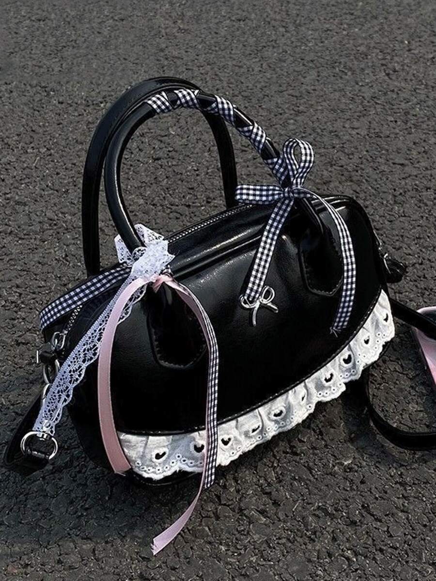 女士优雅蝴蝶结装饰手提包，蕾丝装饰日系甜美保龄球包，时尚纯色单肩包，休闲百搭优质日常通勤包。 - 黑色 - 查看 1