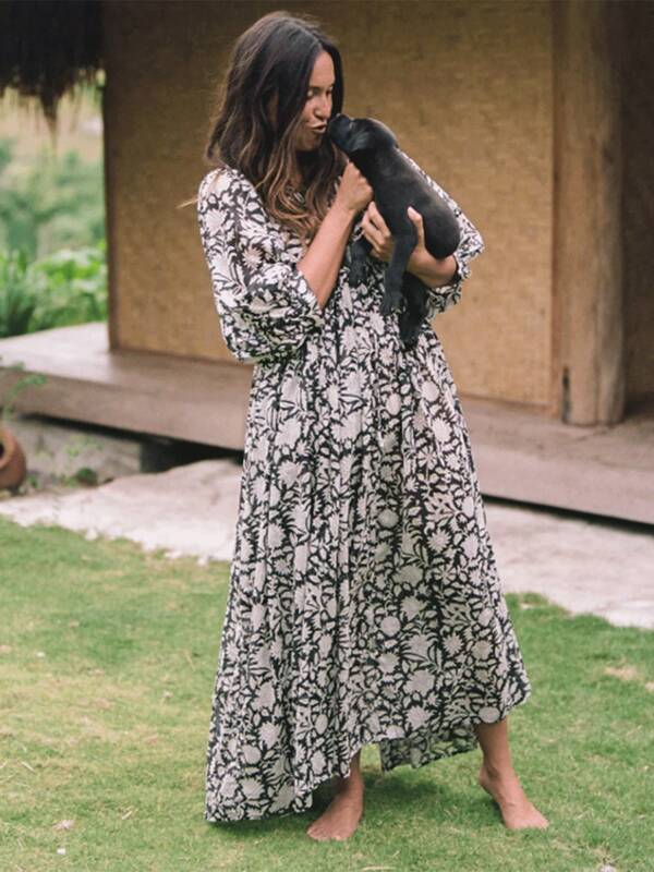 Women Summer Long Dress 3/4 Sleeve V Neck Floral Print Sundress Loose Fall Casual Dresses Daily Outwear Streetwear