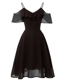 Fitglam Cute Women's Chiffon Short Dress Spaghetti Straps Party Dress A-Line V-Neck Homecoming Graduation Dress - 黑色 - 查看 1