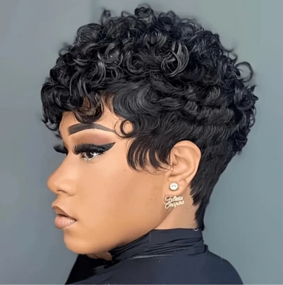 Short Black Wig With Mixed Brown Curly Bangs Short Hairstyles Short Pixie Cut Wigs With Bangs Synthetic Curly Wigs For Women Short Hair Wigs For Halloween, Christmas Party, Music Festiva