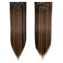 8Pieces/Set Clip In Hair Extensions Long Straight 26inch/66cm Thick Synthetic Hair Piece Silk Fiber Double Weft Heat Resistant Natural 8Pcs Hairpieces Highlight Mix Pure Colors For Women Daily Party Festival Halloween Christmas - 深棕色和沙棕色 - 查看 1