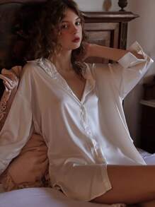 Solid Button Front Satin Robe With Thong