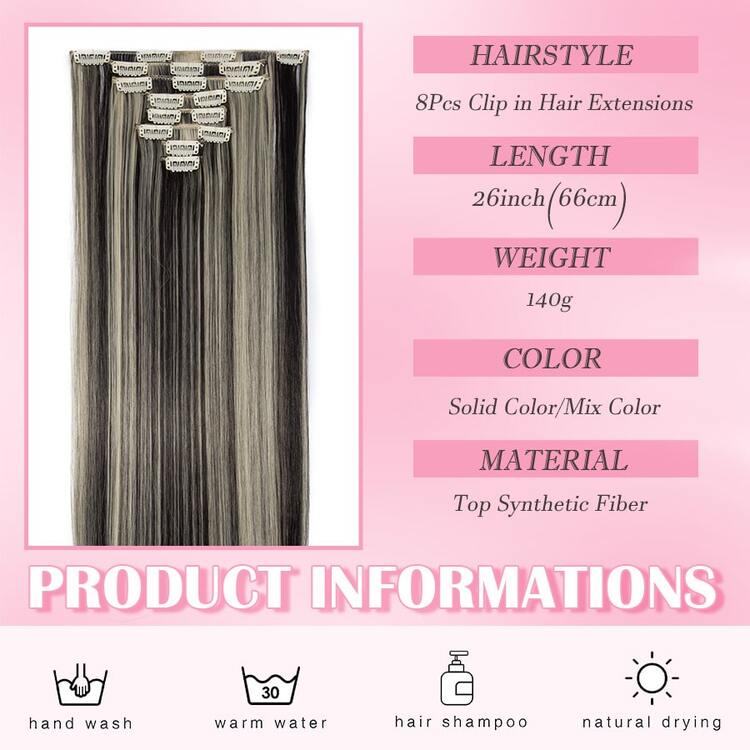 8Pieces/Set Clip In Hair Extensions Long Straight 26inch/66cm Thick Synthetic Hair Piece Silk Fiber Double Weft Heat Resistant Natural 8Pcs Hairpieces Highlight Mix Pure Colors For Women Daily Party Festival Halloween Christmas - Wine Red - 查看 5