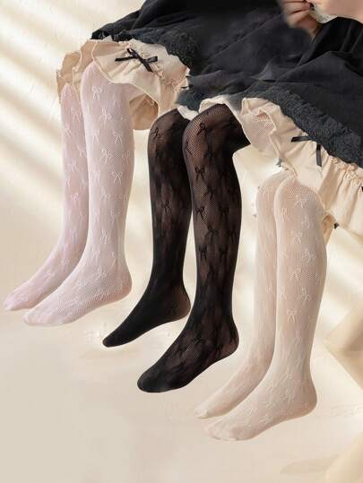 3pcs/Pack Kids Solid Color Lolita Style Jacquard Net Stockings Leggings, Girls Butterfly Hollow Out Footless Tights For Daily Wear, Fashion & Sensual, Dance Socks