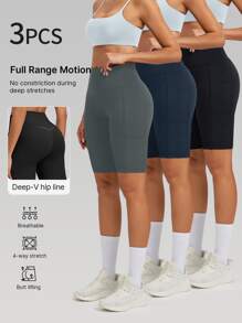 Set de 3 piezas de pantalones cortos/shorts de mujer de cintura alta con control de abdomen, con bolsillos, de tela elástica y transpirable para absorber la humedad, para fitness, deportes al aire libre, yoga, pilates, correr, ciclismo