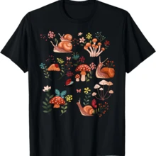 Cottagecore Wildflower Snail Mushroom Fairycore Aesthetic T-Shirt - màu đen - Xem 1