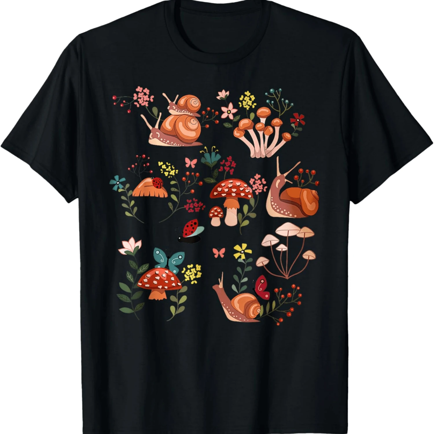 Cottagecore Wildflower Snail Mushroom Fairycore Aesthetic T-Shirt - màu đen - Xem 1