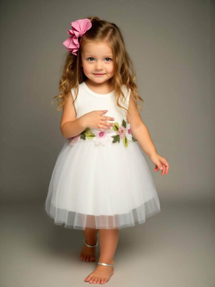 Baby Girl Ribbed & Mesh Patchwork Floral Dress - White - View 1