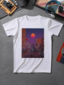Big & Tall Men's Sunset Cityscape Graphic TShirt  Comfortable Plus Size Tee With Vibrant Urban Artwork, Soft Cotton Blend For Relaxed Fit, Stylish Design Perfect For Casual Wear, Features A Stunning Sunset Over City Streets. - 白色 - 查看 1