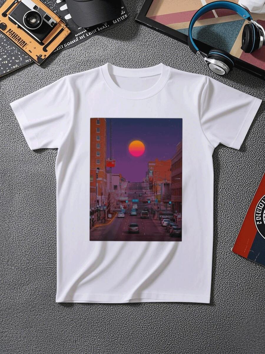 Big & Tall Men's Sunset Cityscape Graphic TShirt Comfortable Plus Size Tee With Vibrant Urban Artwork, Soft Cotton Blend For Relaxed Fit, Stylish Design Perfect For Casual Wear, Features A Stunning Sunset Over City Streets. - 白色 - 查看 1