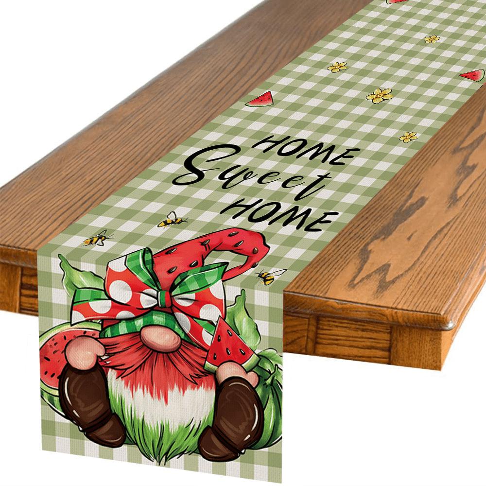 1pc Country Farmhouse Kitchen Dining Table Watermelon Gnome Decor Cloth, 180cm * 35cm Seasonal Polyester Fabric Home Decor Indoor Outdoor Party Supplies, Suitable For Home Party | Summer Decoration | Home Decor | Watermelon Party Supplies | Holiday Party Supplies