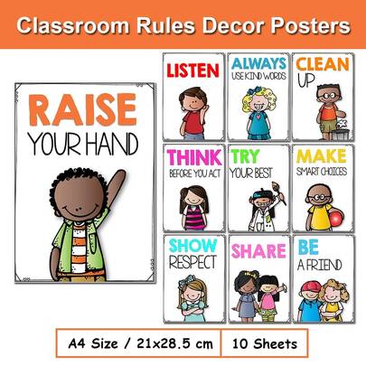 Lachilly 10pcs Classroom Rules Decor Posters Set Colorful Educational Wall Decor For Homeschool, Back To School Supplies For Teachers