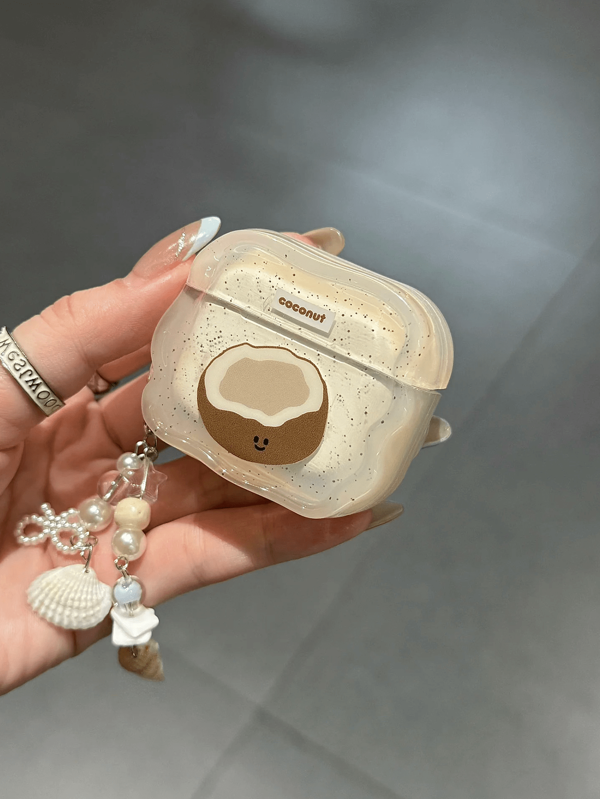 Koreanischer Ins-Stil süßer Cartoon Kokosnuss-Schalen Emoticon Frucht Sommer transparente TPU weiche Hülle mit Meerschalen, Muschel, Perle, Schleife Accessoires, kompatibel mit Pro, 4, 2/3, geeignet für Mädchen, Frauen oder Unisex