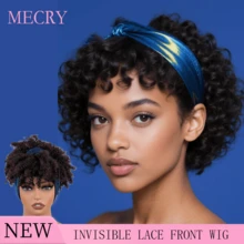 MECRY Kinky Curly Headband Wigs For Women - Short Afro Curly Wig With Headband - Natural Black Green Headband Wig For - Afro Short Curly Synthetic Wig With Bangs, Kinky Curly 2 In 1 Head Wrap With Headband Attached, Turban Style - Multicolor - View 1