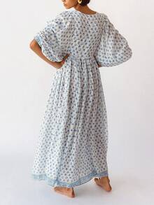 Women Summer Long Dress 3/4 Sleeve V Neck Floral Print Sundress Loose Fall Casual Dresses Daily Outwear Streetwear