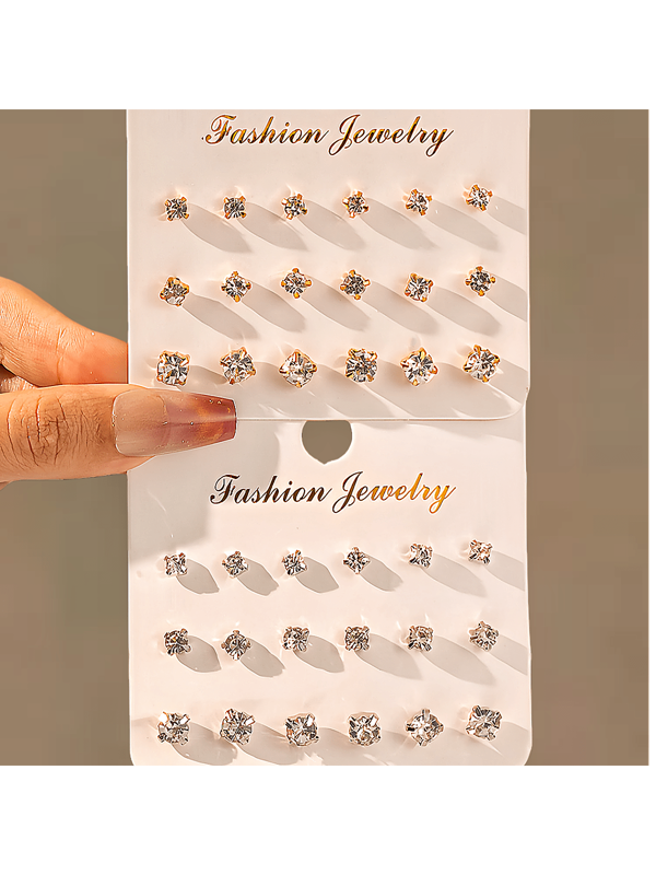 9pcs/18pcs Set Classic Glass Crystal Stud Earrings, Minimalist & Fashionable Earring Combo