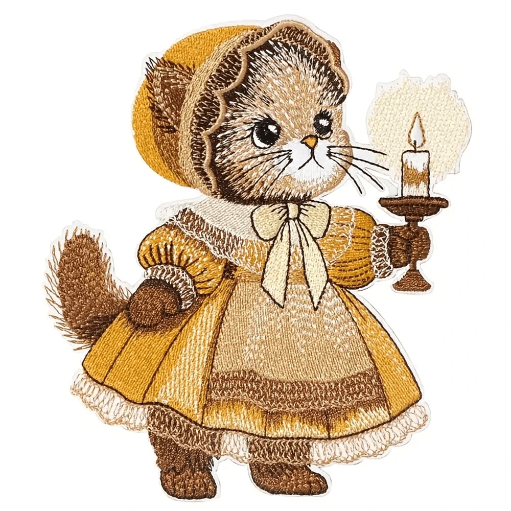 1pc Adorable Kitten With Candle Easter Iron-On Embroidered Patch - Vintage-Style Applique For Clothing And Crafts, Mixed Colors, Perfect For DIY Projects And Festive Decorations, Sewing Supplies, Best For Christma - Color Mixing - View 1
